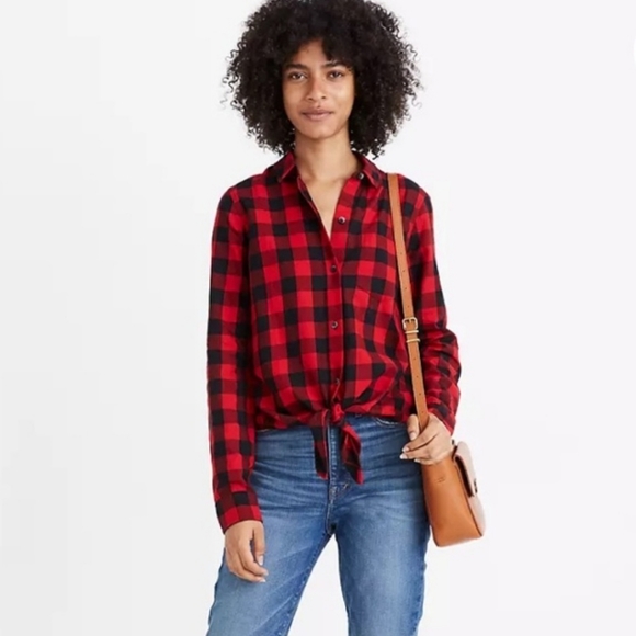 Madewell CUSTOM Front Tie Red Black Buffalo Plaid Flannel Shirt Charlie Daniel's - Picture 3 of 16
